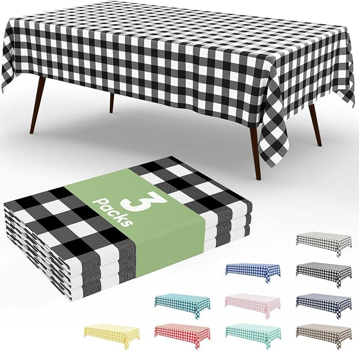 Smiry 3 Pack Black Gingham Disposable Tablecloths - 54" x 108" Heavy Duty Plastic Table Cloth, Wa... | Amazon (US)
