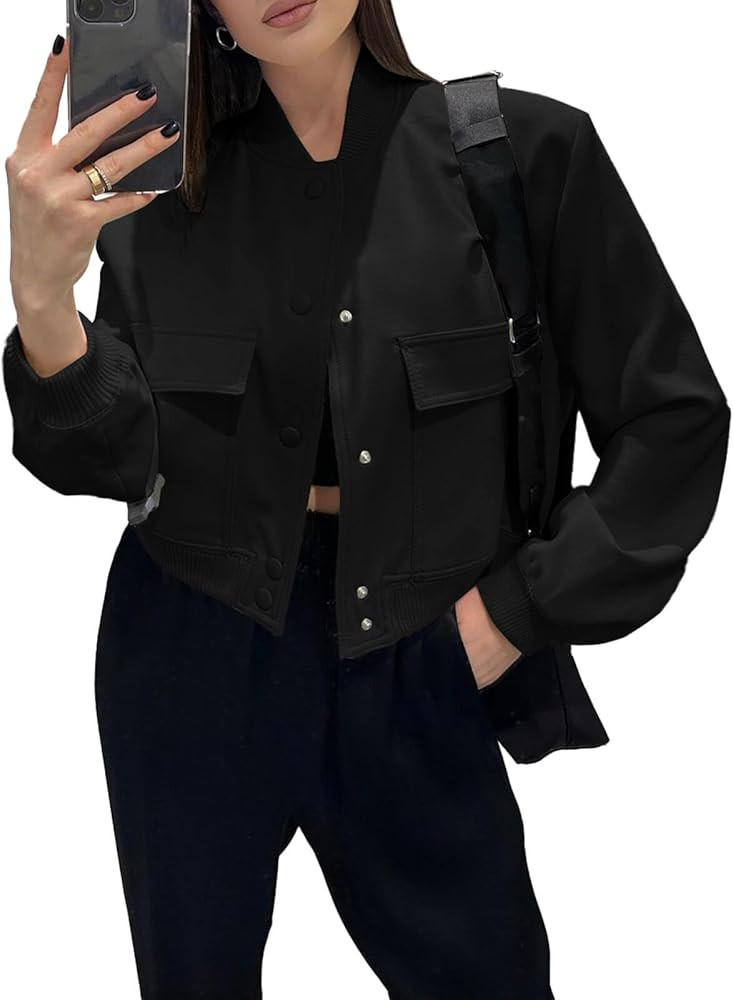 Fisoew Womens Cropped Bomber Jackets Casual Button Down Long Sleeve Stand Collar Coats with Pocke... | Amazon (US)