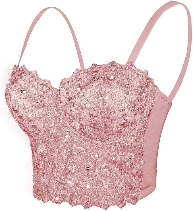 ELLACCI Women's Natural Reigning Lace Rhinestone Bustier Crop Top Sexy Mesh Corset Top Bra Pink | Amazon (US)