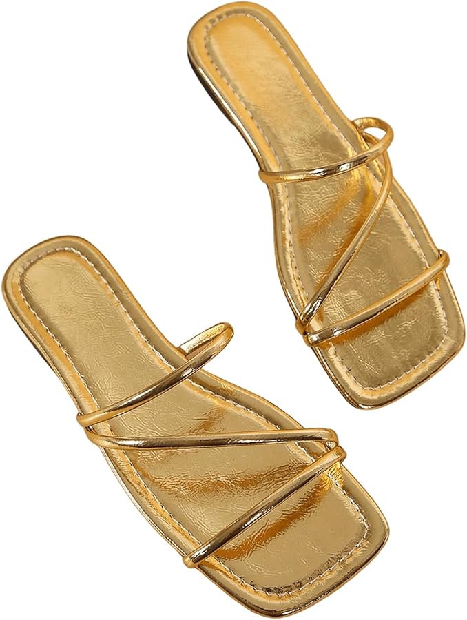 GORGLITTER Women's Metallic Strappy Flats Sandal Dressy Cute Open Toe Slip on Slides Summer Vacat... | Amazon (US)