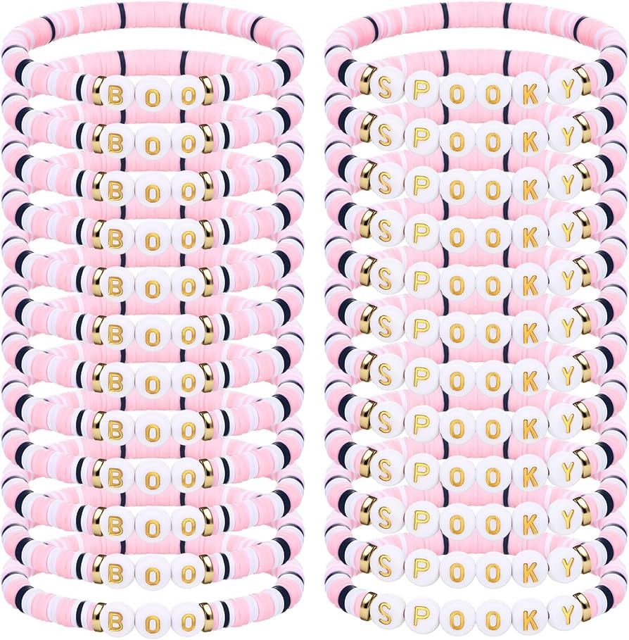 Yinkin 24 Pcs Spooky Boo Halloween Bracelets Polymer Clay Beaded Stretch Bracelets Letter Boho Je... | Amazon (US)