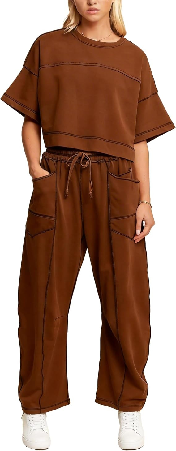 Majdan Two Piece Sets for Women Lounge Sets Summer Outfits Short Sleeve Tops Wide Leg Pants Casua... | Amazon (US)