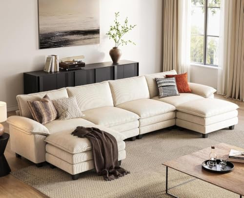 LINSY HOME 157'' Modular Sectional Sofa 4 Seat Couch Corduroy Cloud Couch with Deep Seat, Modern U-Shaped Cloud Couch with 2 Movable Ottoman for Living Room, Office, Bedroom, Beige | Amazon (US)