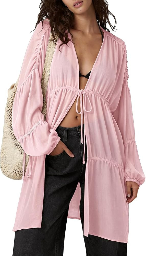 TARSE Womens Slouchy Linen Kimono Duster Tie Front Coverups with Pockets | Amazon (US)