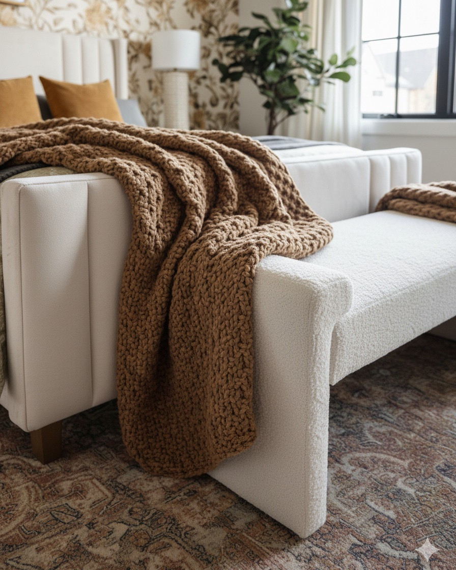 A layered take on warm sophistication, this modern organic bedroom pairs bold pattern with soft texture for a perfectly balanced retreat. A gold floral wallpaper accent wall sets the tone, complemented by a channel tufted upholstered bed and vintage inspired rug in muted rose and olive tones. Amber velvet pillows and a chunky knit throw add cozy depth, while glass-tube brass lamps bring sculptural warmth to matching oak nightstands. Finished with a ribbed globe pendant and coffered ceiling, this bedroom captures the essence of timeless comfort.

Shop the look:
Channel-tufted bed | Floral accent wallpaper | Chunky knit throw | Amber velvet pillows | Oak nightstands | Glass-tube brass lamps | Vintage-inspired area rug | Ribbed globe pendant | Coffered ceiling design

#LTKsale #LTKhome #LTKstyletip