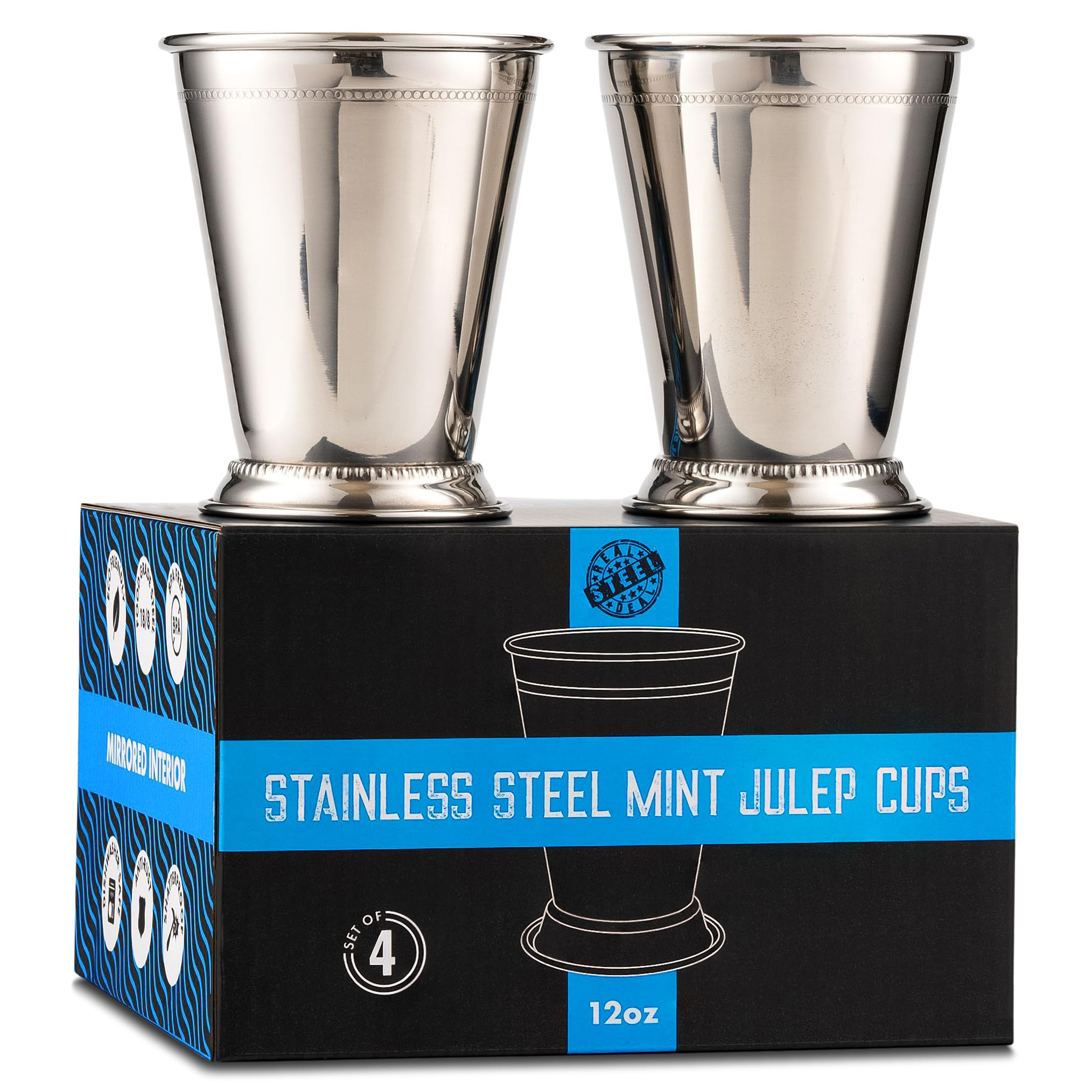 Mint Julep Cups: Stainless Steel Glasses, Set of 2 OR Set of 4, Metal 12 oz Cocktail Glasses, Par... | Amazon (US)