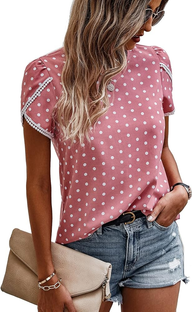 Angashion Women's Tops Casual Floral Print Lace Crochet Short Sleeve Crewneck Summer Loose Blouse... | Amazon (US)