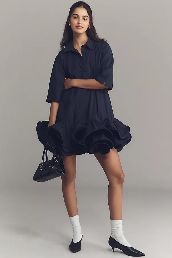 Short-Sleeve Collared 3D Ruffle Mini Dress | Anthropologie (US)