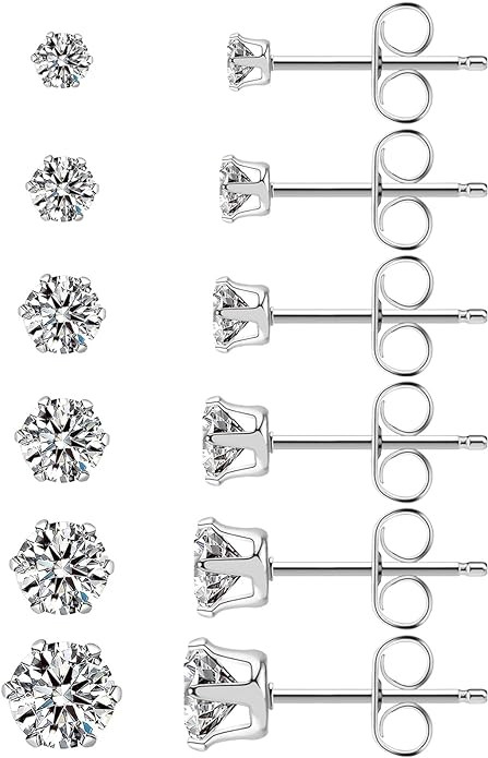 Stainless Steel Stud Earrings Set Hypoallergenic Cubic Zirconia 14K White Gold CZ Earrings for Wo... | Amazon (US)