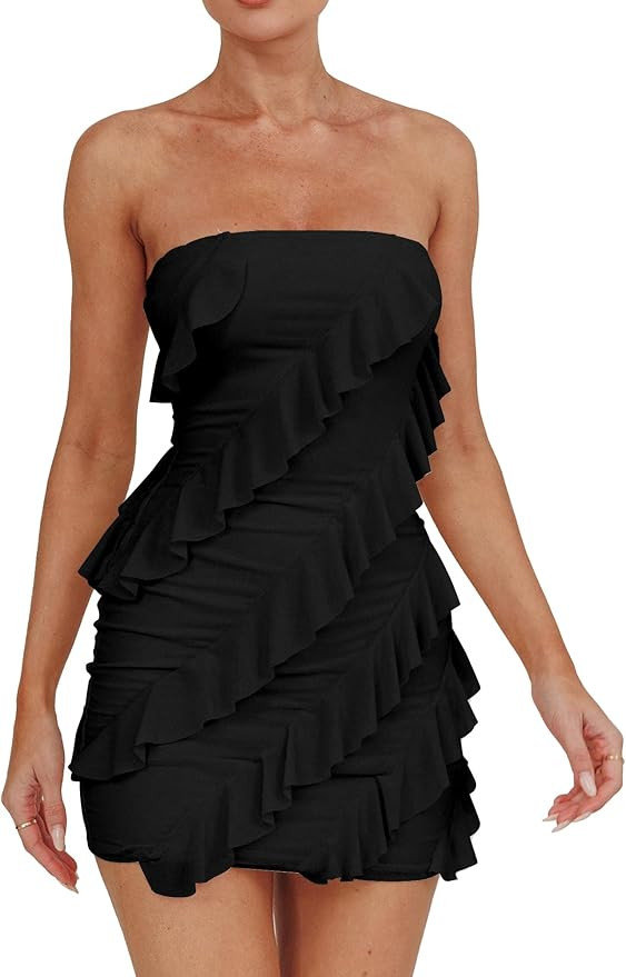 HOCILLE Women's Sexy Strapless Tube Top Bodycon Sleeveless Ruffle Mini Party Dress | Amazon (US)