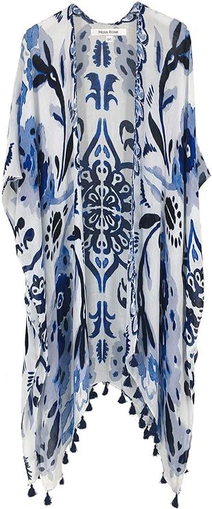 Moss Rose Women's Beach Cover up Swimsuit Kimono Cardigan with Bohemian Floral Print | Amazon (US)