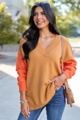 Just The Thing V-Neck Contrast Sleeve Sweater DOORBUSTER | Pink Lily