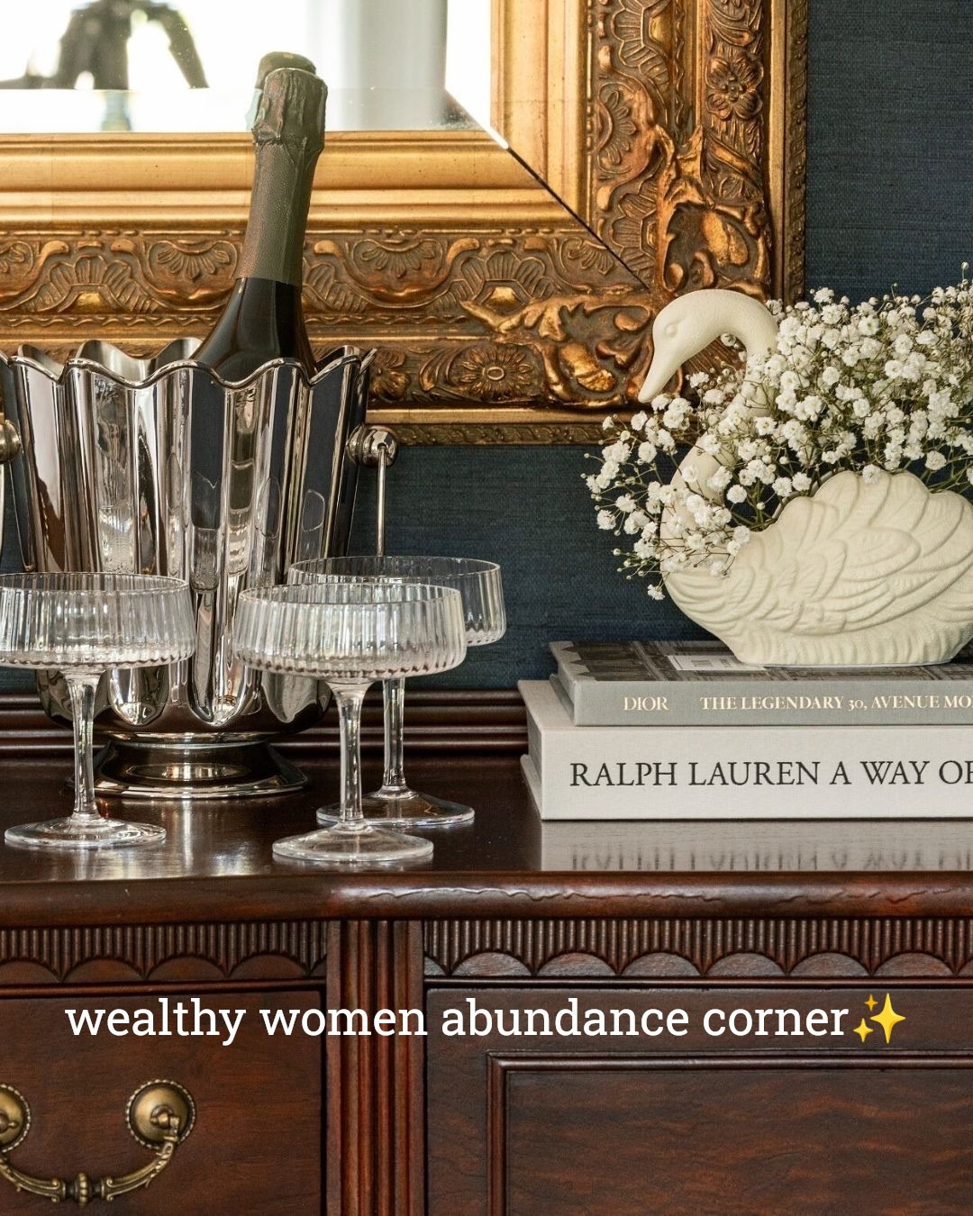 Wealthy women understand something most people overlook: abundance is learned through your environment💫

A swan reminds you to move through life with grace instead of urgency. Silver reflects light throughout a space, which is why it has long been associated with prosperity & refinement. Beautiful coupe glasses sit waiting for a celebration, teaching you to expect good things before they arrive. Design books fill a room with culture, taste & inspiration, while an antique mirror multiplies every source of light it touches.

None of these objects are necessary.

That’s the point.

They exist simply because beauty deserves a place in your home.

Old money has always understood that abundance begins long before a number appears in a bank account. It starts with creating a world that reflects the life you intend to live ✨

Your home should constantly remind you that there is more than enough~bg🤍

#LTKHome #LTKSaleAlert #LTKdayinmylife