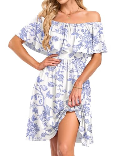 AUSELILY Womens Off Shoulder Summer Casual Ruffle Mini Dress with Pockets | Amazon (US)