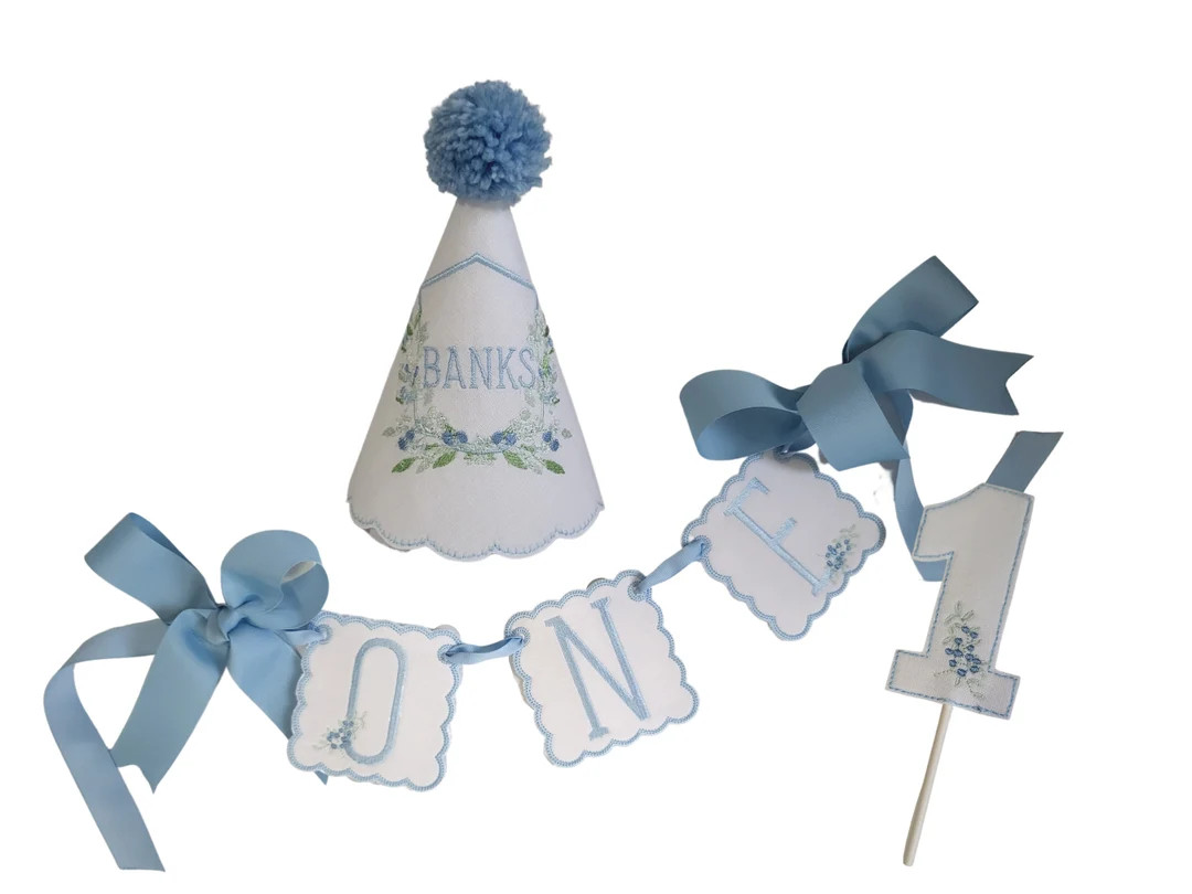 Monogrammed Berry Crest 3 Piece Party Set I Blue White Keepsake Party Hat I Birthday Crest Hat I ... | Etsy (US)