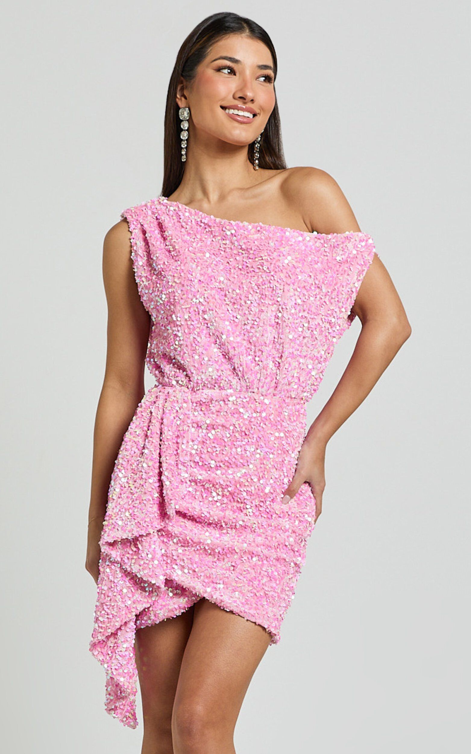 Tonya Mini Dress - Sequin Drape One Shoulder Dress in Pink | Showpo (US, UK & Europe)