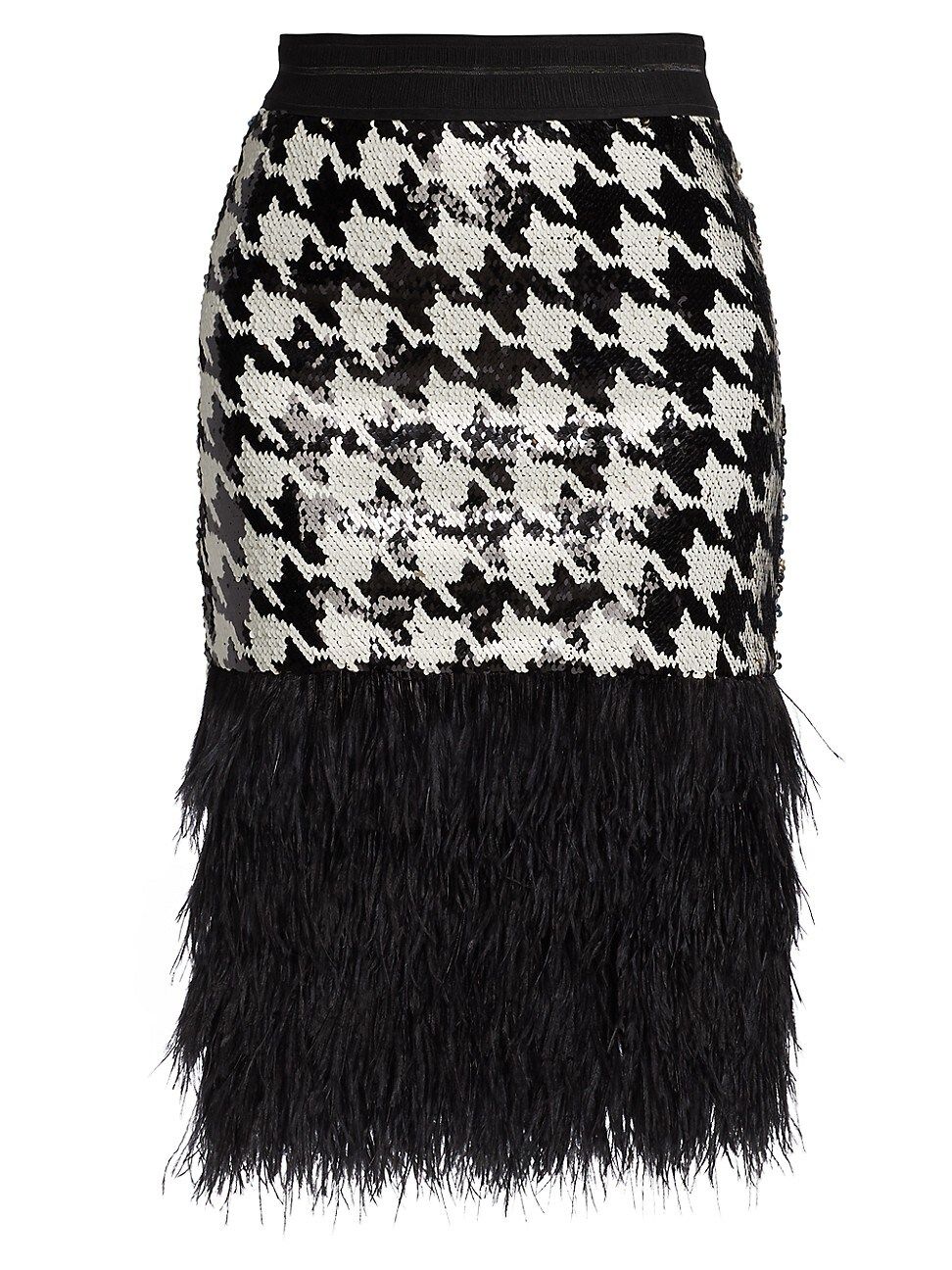 Women's Downtown Girl Sequin & Feather Skirt - Black White Houndstooth - Size XS | Saks Fifth Avenue