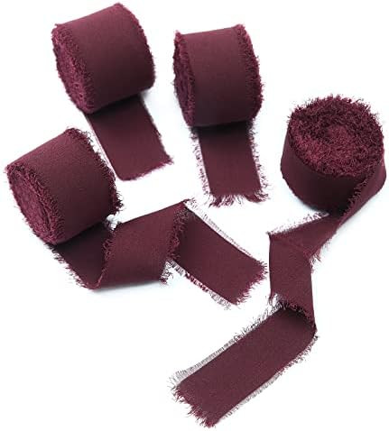 4 Rolls Burgundy Handmade Fringe Chiffon Silk Ribbon 1"W x 5Yd Per Roll,Frayed Edges Ribbon Set f... | Amazon (US)