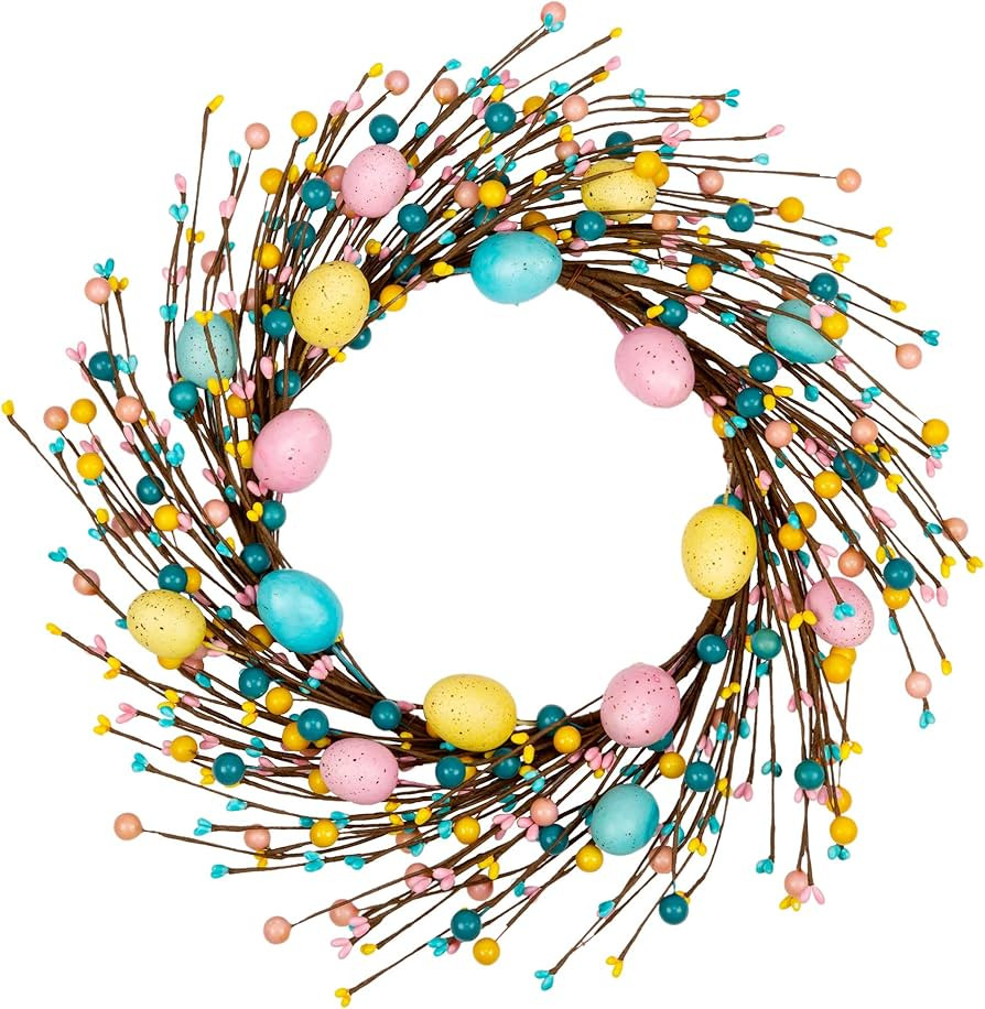 18 inch Artificial Easter Wreath with Pastel Eggs Easter Egg Wreath for Front Door with Mixed Ber... | Amazon (US)