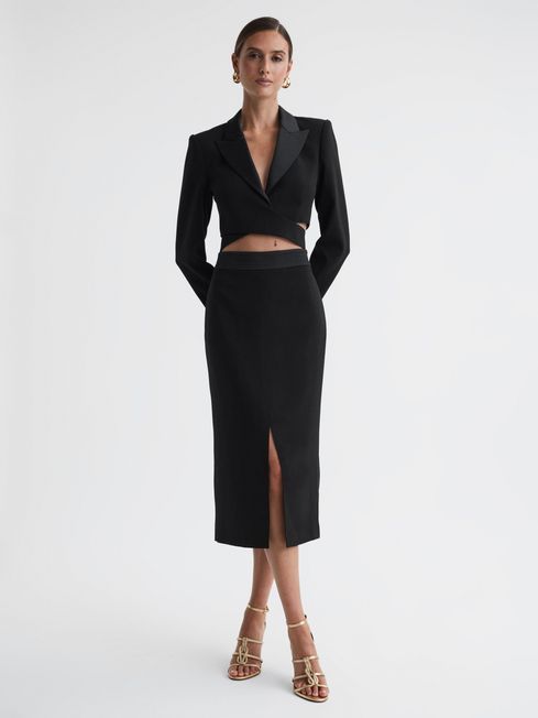 Reiss Black Quinn Satin Cropped Tux Top | Reiss US