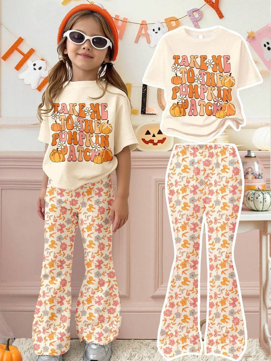 SHEIN Autumn Colorful Light Peach Orange, Cute Halloween Patterned With Pumpkins, Flowers, Leaves... | SHEIN