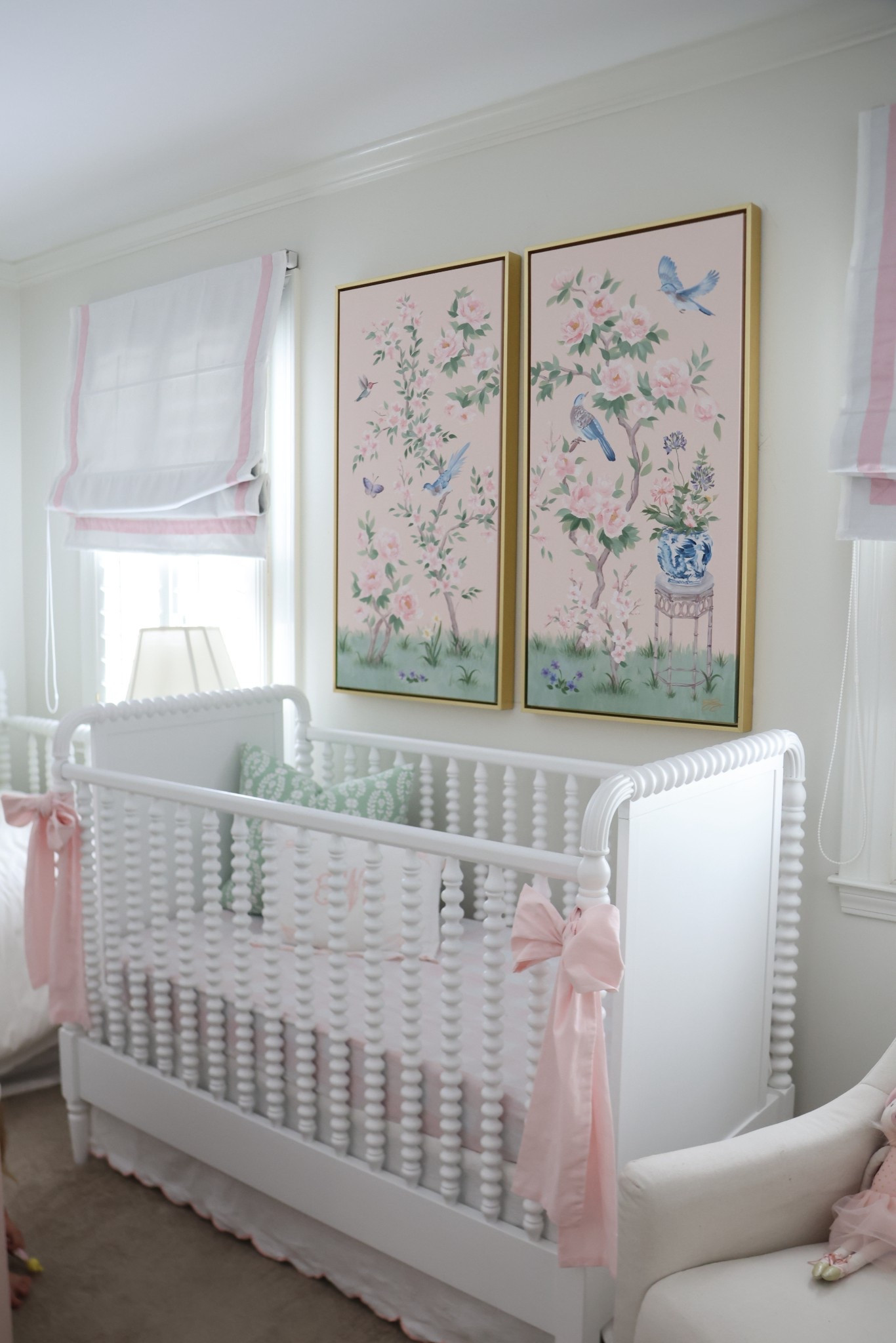 Grandmillennial pink and green nursery baby girl roomm crib bows

#LTKHome #LTKBaby #LTKKids