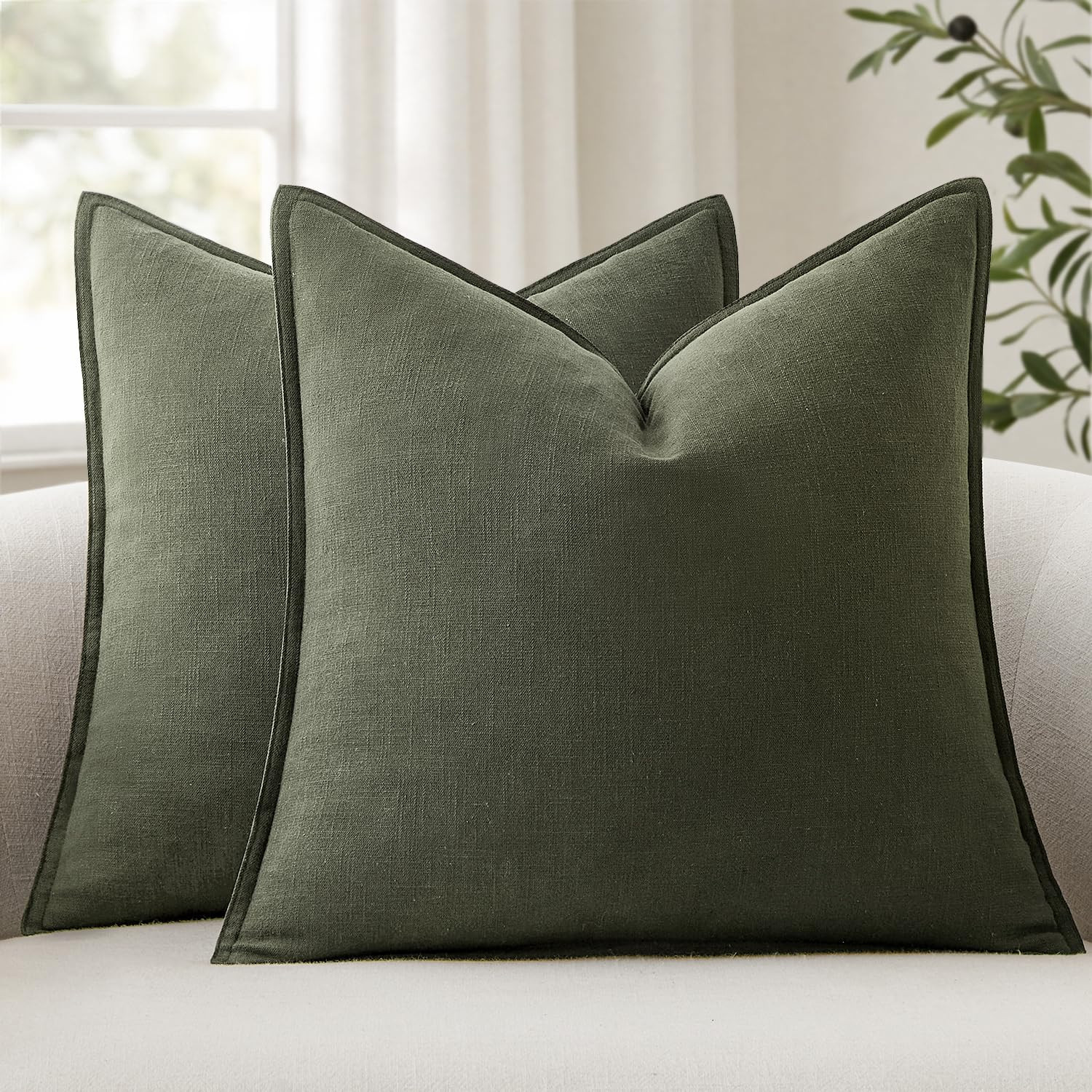 ANRODUO Pack of 2 Decorative Linen Pillow Covers Rifle Green Neutral Farmhouse Boho Soild Cushion... | Amazon (US)