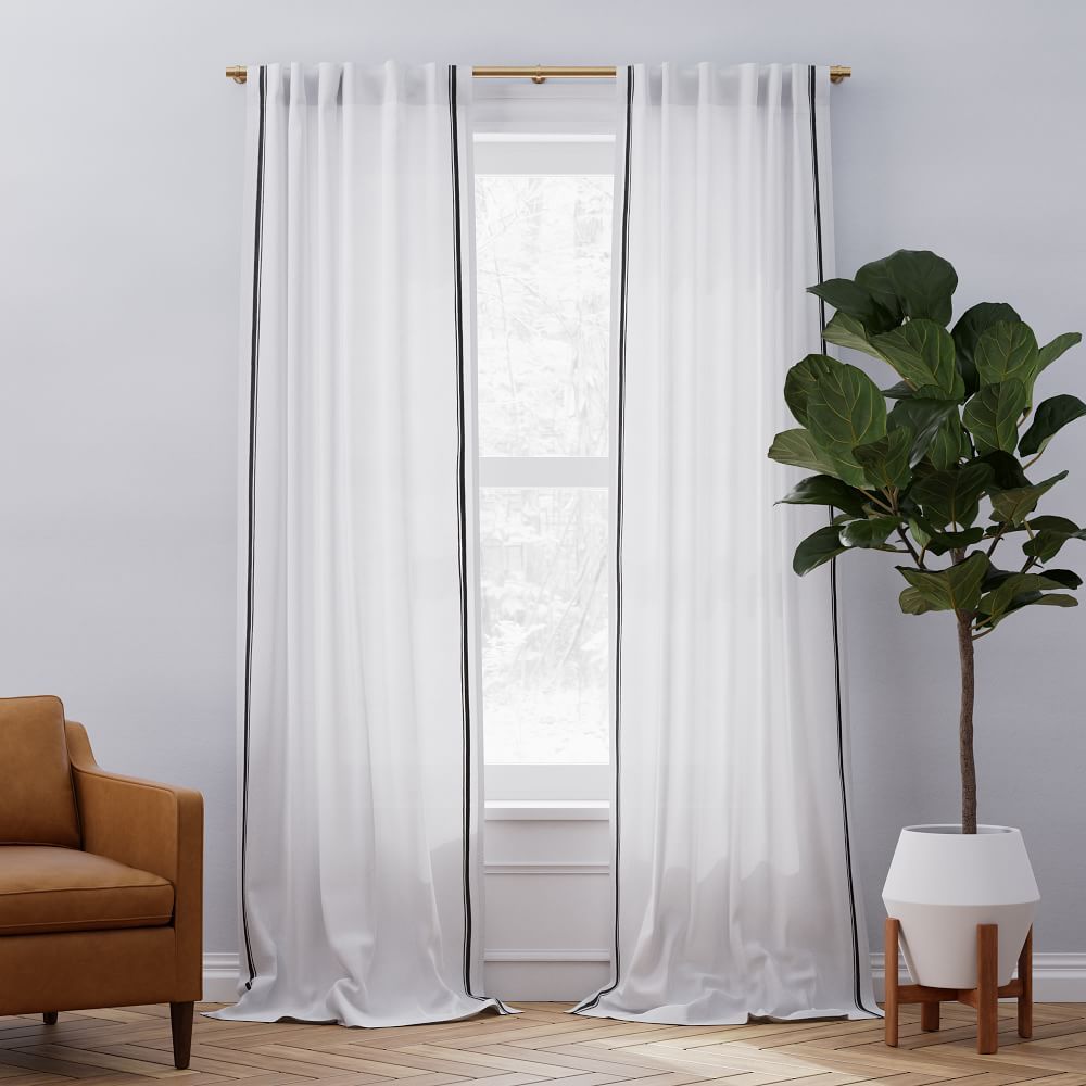 European Flax Linen Embroidered Stripe Curtain - White/Charcoal | West Elm (US)