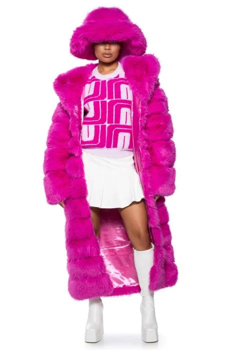 AZALEA WANG FAUX FUR PANEL HOODED TRENCH IN PINK | AKIRA