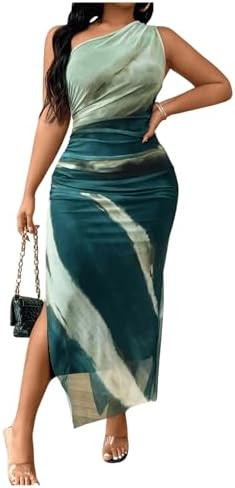 Floerns Women's Plus Size Tie Dye Sleeveless Ruched One Shoulder Slit Evening Maxi Mesh Dresses | Amazon (US)