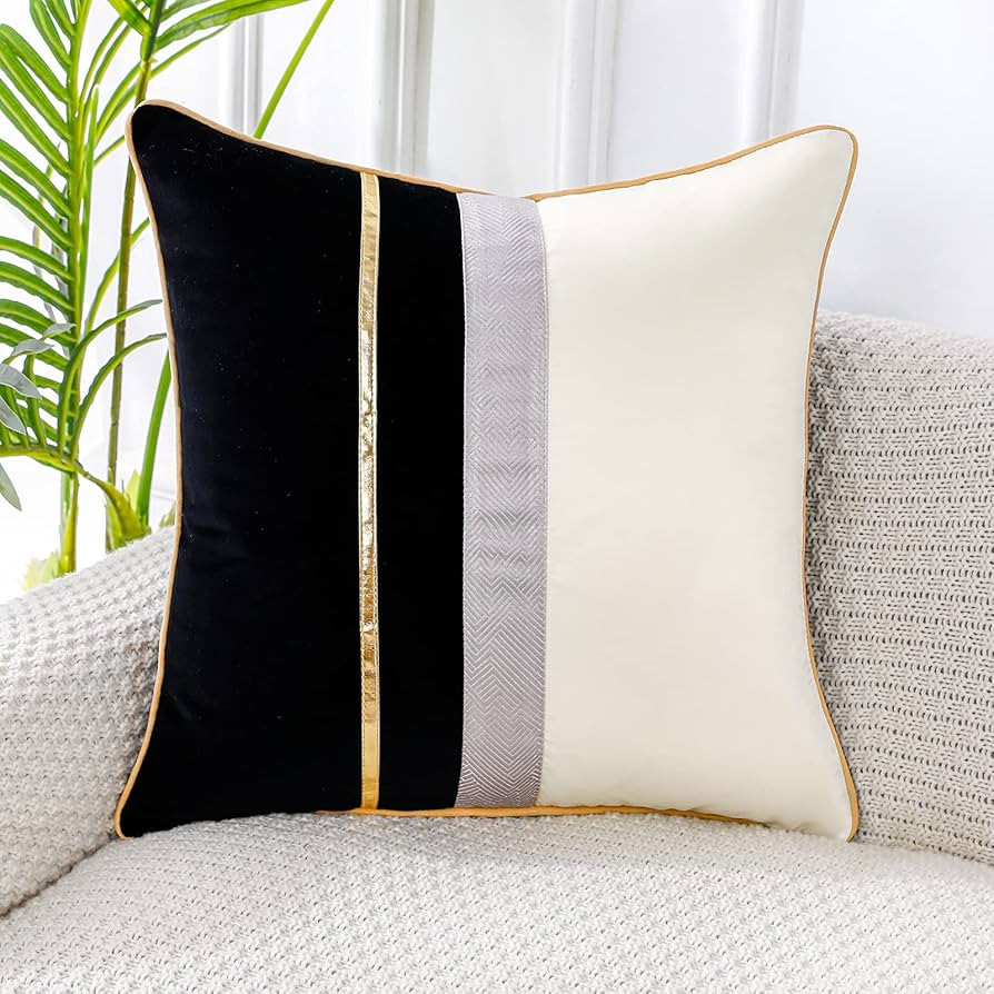 PANOD Patchwork Black Silk-Like Velvet Throw Pillow Cover with Gold Striped Leather Cushion Case ... | Amazon (US)