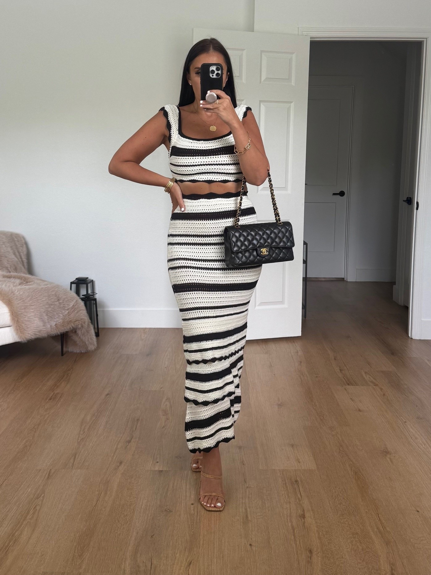 JLUXLABEL Corazon Stripe Knit Crop Top & Maxi Skirt Set wearing size small