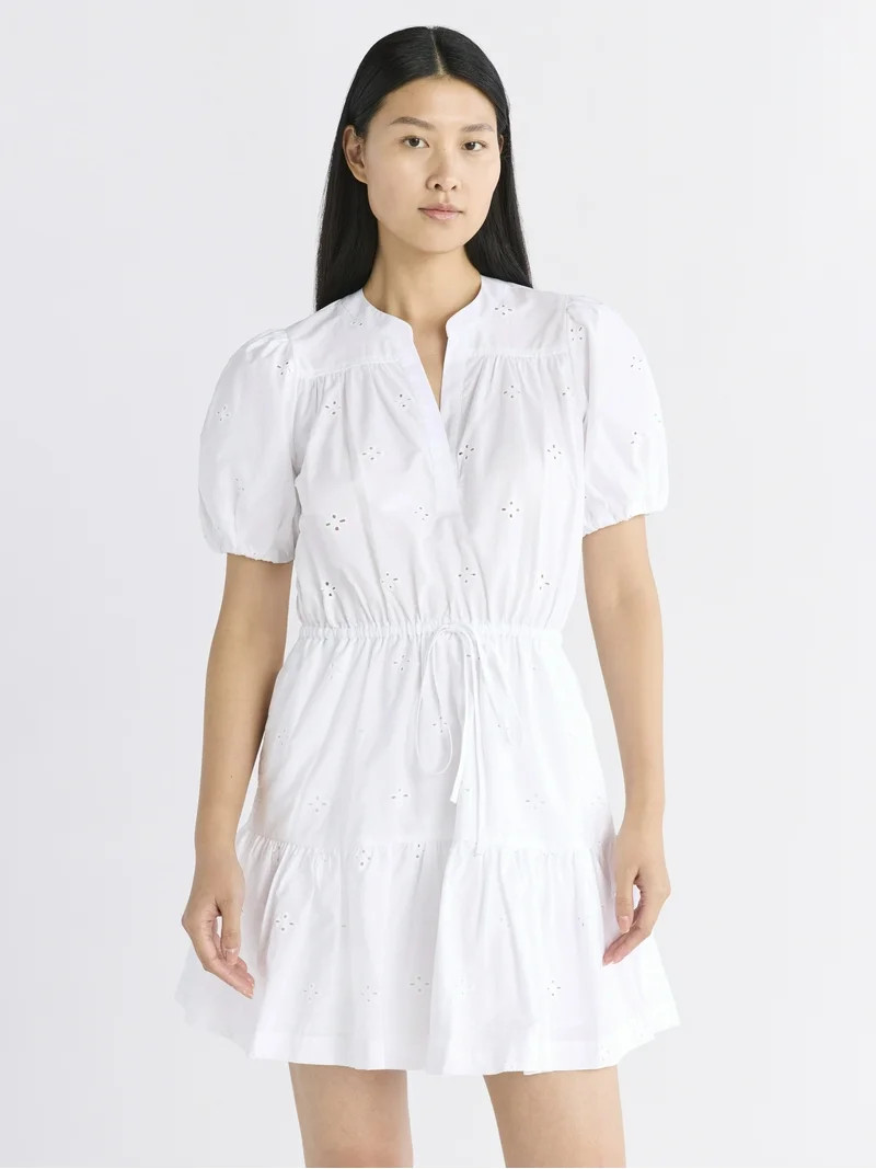 Free Assembly Women's and Women's Plus Cotton Eyelet Tiered Mini Dress with Puff Sleeves, Sizes X... | Walmart (US)