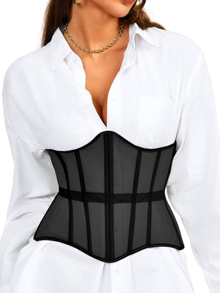 Underbust Corset Belt for Women, Mesh Lace-Up Boned Waist Cincher, Shapewear for Weddings & Going... | Amazon (US)