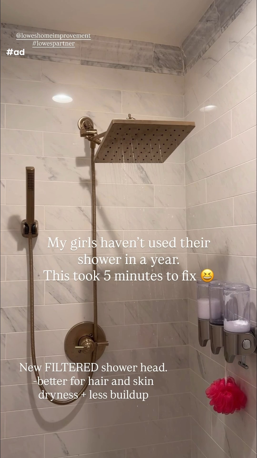 It looks 5 minutes, but I procrastinated for an entire year. This new shower head
for my girls bathroom is FILTERED + adjustable pressure, comes in 4 colors, and
ON SALE.
#LowesPartner @loweshomeimprovement #ad
