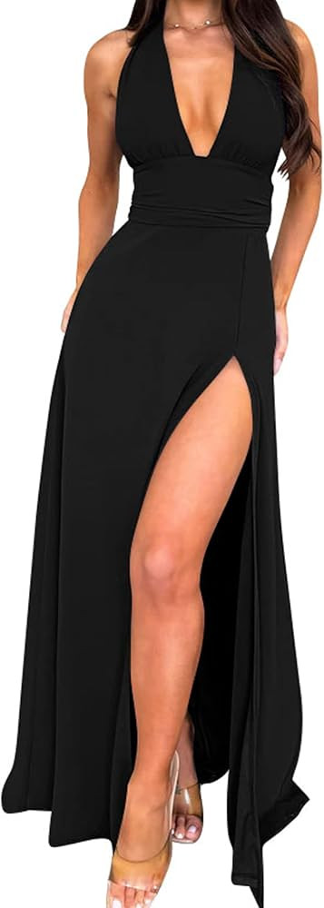 GOKATOSAU Women's Sexy Sleeveless Halter V Neck Ruched Waist Tie Back Side Split Long Maxi Dress | Amazon (US)