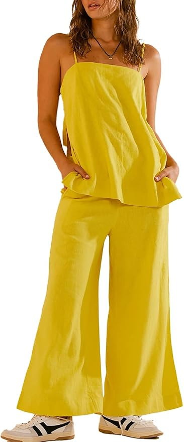 PAODIKUAI Women's 2 Piece Outfits Summer Sets Sleeveless Square Neck Tank Top Wide Leg Pants Matc... | Amazon (US)