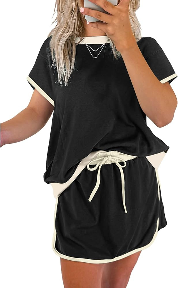 SELINK Lounge Sets for Women 2 Piece Skirt Colorblock Drop Shoulder T Shirt and Skort Set Summer ... | Amazon (US)