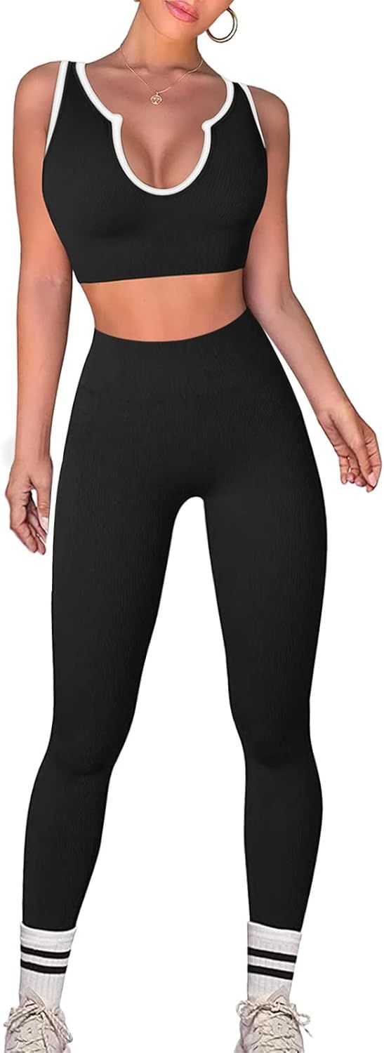 Work Out Sets Womens - Gym Two Piece Outfits Seamless Crop Tank High Waist Yoga Leggings | Amazon (US)