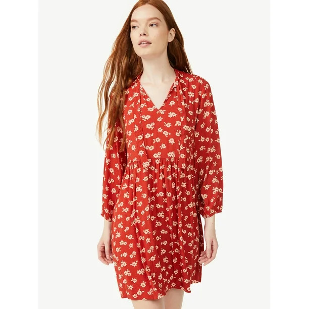 Free Assembly Women's Tie Neck Swing Dress with Long Sleeves - Walmart.com | Walmart (US)