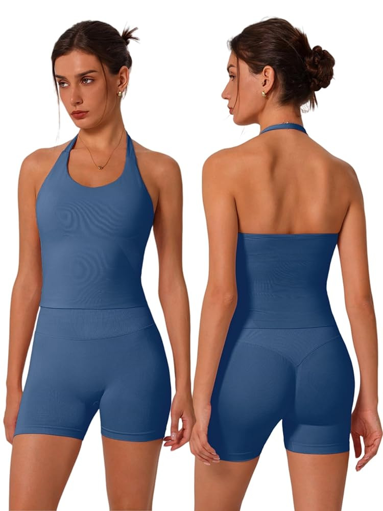 ABOCIW Workout Sets for Women 2 Piece seamless Halter Sports Bra Scrunch Butt Impact Shorts Gym Y... | Amazon (US)