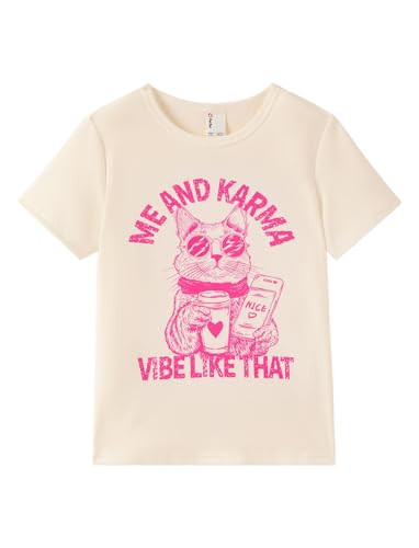 PATPAT Girls T Shirts Size 7-8 Years, Beige Cat Print Graphic Tees, Crew Neck Short Sleeve Shirts Fashion Clothes Preppy Outfit Cheer Tops | Amazon (US)