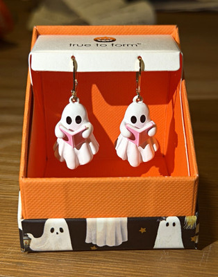 True to Form Halloween Ghost with Book Dangle/Drop Hook Earrings White Pink | eBay US