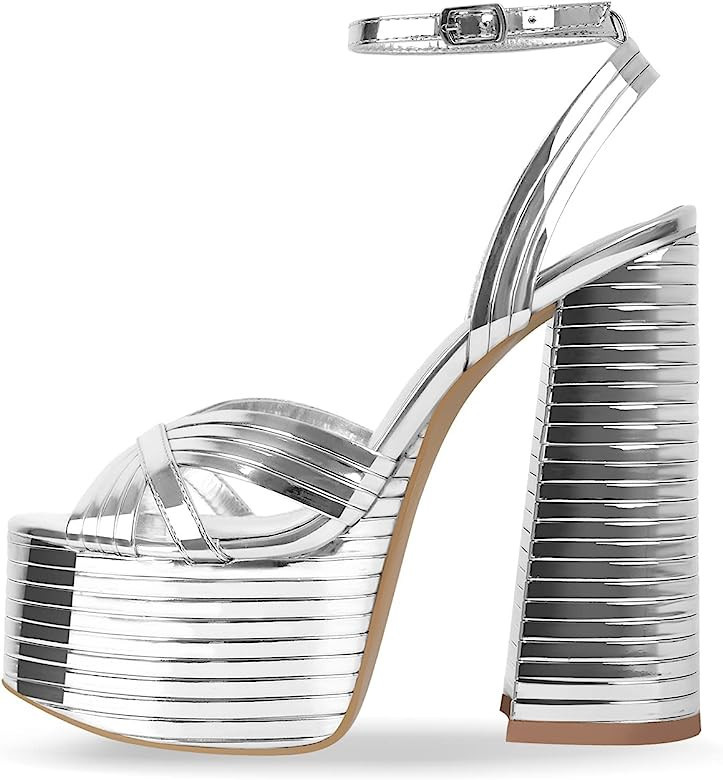 onlymaker Women's Platform Chunky Heel Sandals Peep Toe Ankle Strap Buckle Platform Metallic Wedd... | Amazon (US)