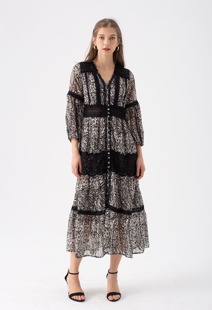 Black Floral Jacquard Crochet Trim Sheer Maxi Dress | Chicwish