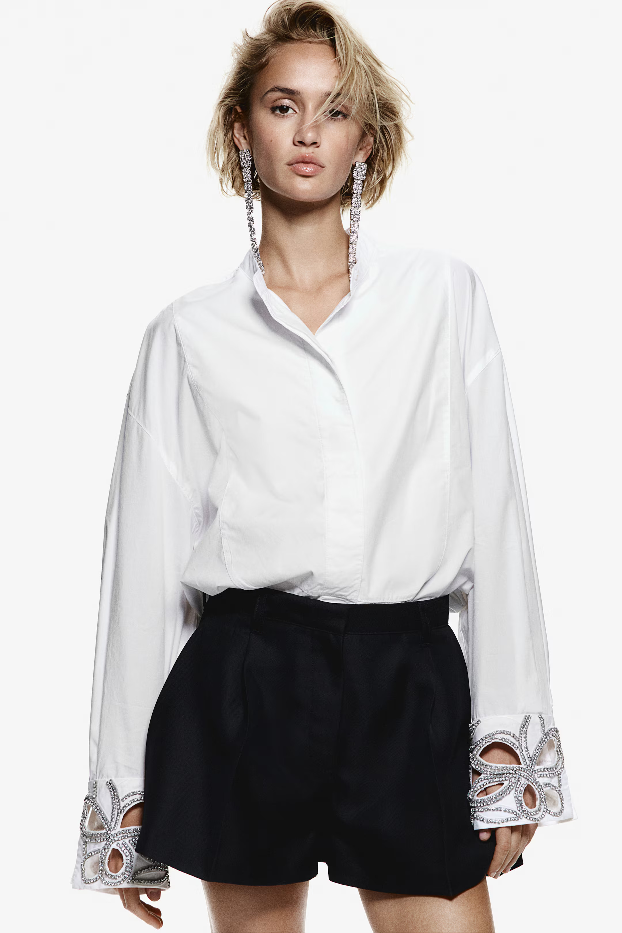 Rhinestone-detail tuxedo shirt - White - Ladies | H&M GB | H&M (UK, MY, IN, SG, PH, TW, HK)