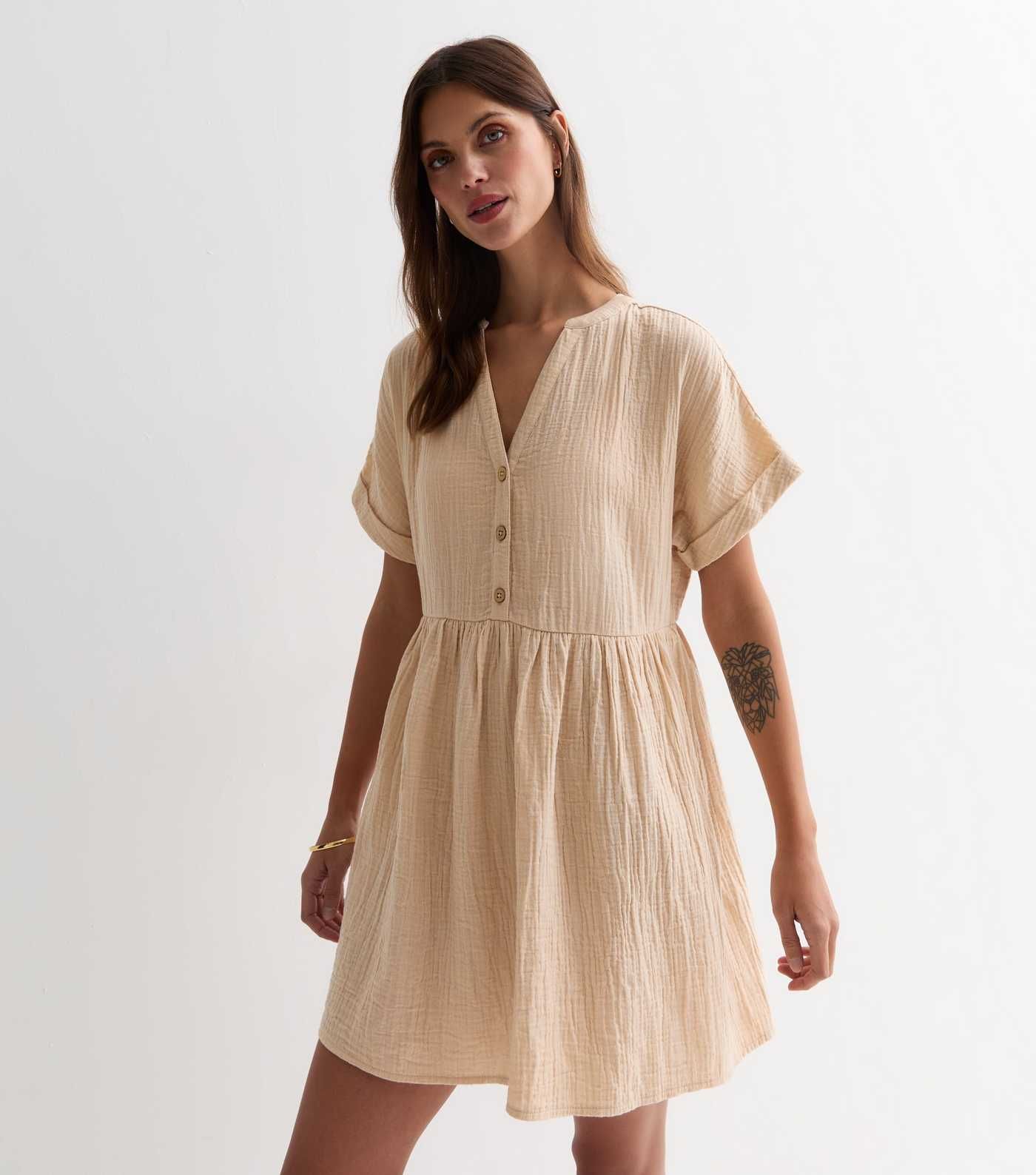 Stone Crinkle Cotton Mini Smock Dress | New Look | New Look (UK)