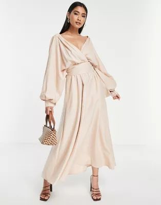 ASOS EDITION off shoulder linen wrap belted midi dress in stone | ASOS | ASOS (Global)