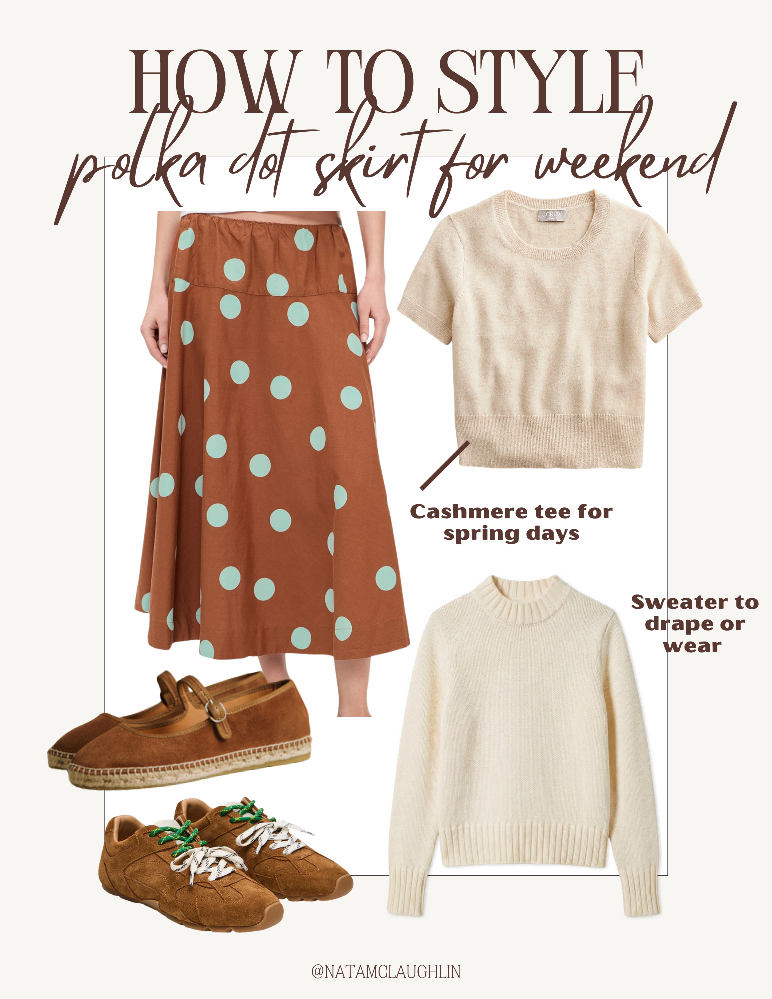 Polka dot skirt, cashmere tee, weekend outfit, spring outfit for the weekend, vacation outfit. Just ordered this skirt because it's fun and practical - I love how it's a neutral with subtle pop of color.  

 #LTKgrwm #LTKmomlife
