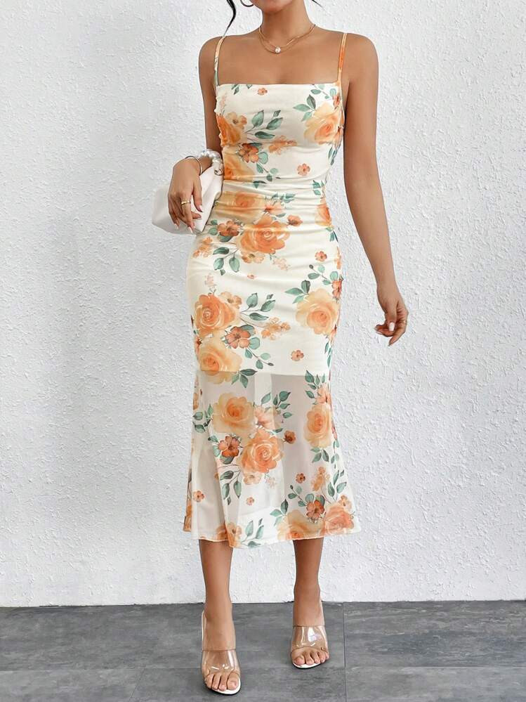 Firerie Women'S Mesh Floral Printed Spaghetti Strap Long Summer Bodycon Cami Dress | SHEIN